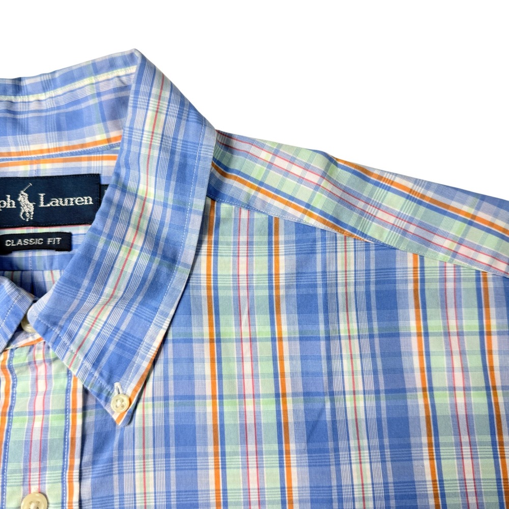 Ralph Lauren Mens XL Button Down Shirt Blue Plaid Classic Fit Cotton Preppy